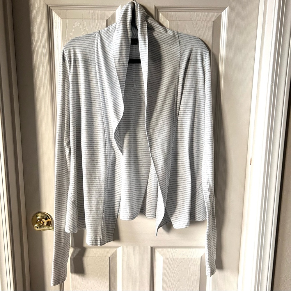 Theory Gray White Stripe Open Front Cardigan, Medium Cozy Fall Autumn